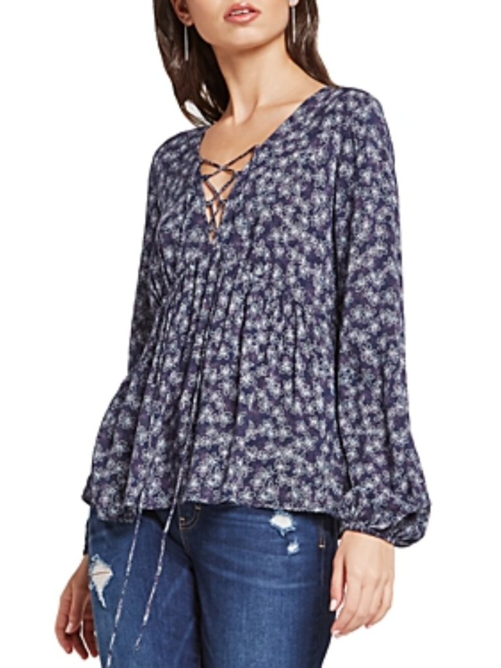 BCBGeneration Floral Lace-Up Blouse, xxs